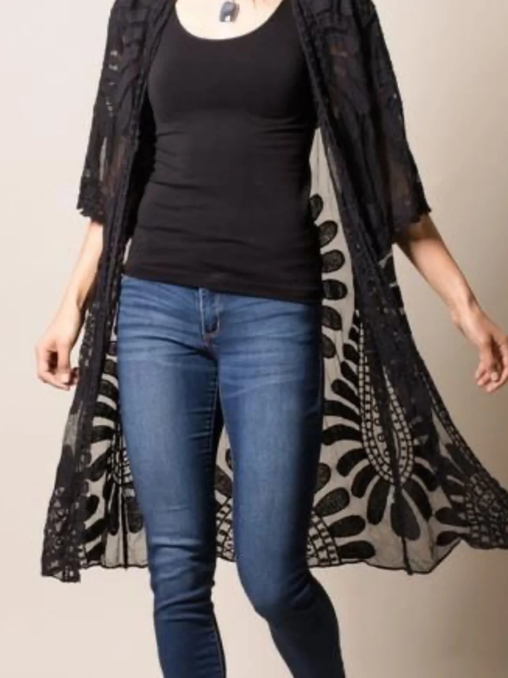 Sivana  Black Lace Floral Duster Coverup - Lightweight Kimono one size fit most